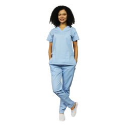 Niebieski kombinezon medyczny z bluzką w kształcie litery V z kotwicą i niebieskimi elastycznymi spodniami