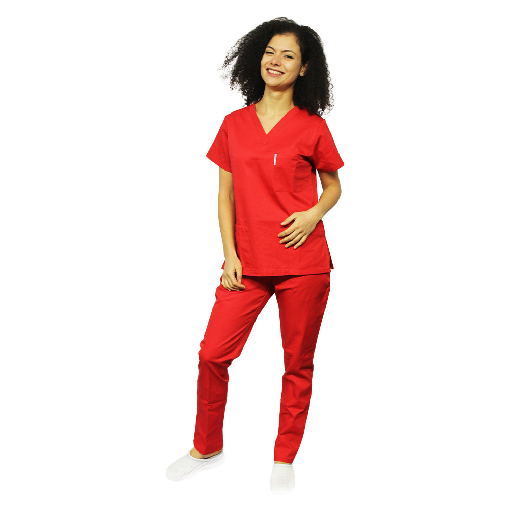 Czerwony kombinezon medyczny, bluzka z dekoltem w serek, trzy kieszenie i elastyczne spodnie