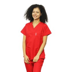 Czerwona koszula medyczna z kotwicą w kształcie litery V i trzema naszytymi kieszeniami