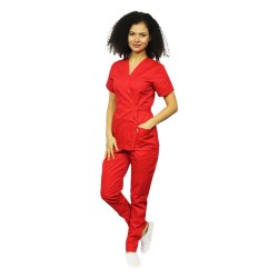 Czerwony kombinezon medyczny, z bluzką kimono i czerwonymi spodniami z gumką