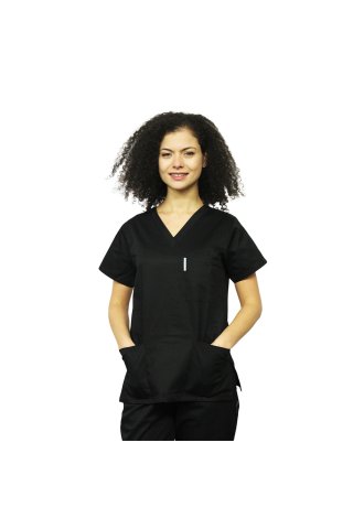 Czarny kombinezon medyczny z bluzą w kształcie kotwicy w kształcie litery V i czarnymi elastycznymi spodniami