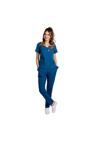 Niebieski, elastyczny kombinezon medyczny z bluzką z dekoltem w szpic i ściągaczem oraz elastycznymi spodniami