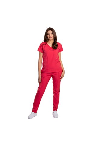 Koralowo-czerwony kombinezon medyczny ze stretchem z bluzką w kształcie kotwicy i sznurkiem oraz elastycznymi spodniami