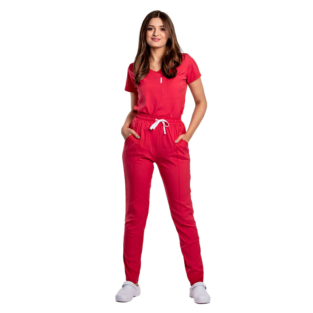 Koralowo-czerwony kombinezon medyczny ze stretchem z bluzką w kształcie kotwicy i sznurkiem oraz elastycznymi spodniami