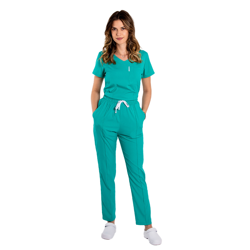 Turkusowo-zielony kombinezon medyczny ze stretchem z dekoltem w szpic i sznurkiem oraz elastycznymi spodniami