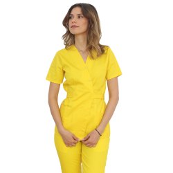 Żółta suknia medyczna kimono z dwiema kieszeniami