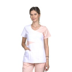 Suknia medyczna Luiza, biała z brzoskwiniami, wypukła, z dwiema nakładanymi kieszeniami