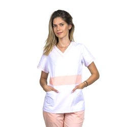 Biała suknia medyczna damska z brzoskwiniami, model Sofia