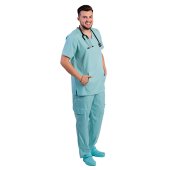 Męski kombinezon medyczny ze stretchem miętowy z bluzką V i spodniami ze ściągaczem i gumką..