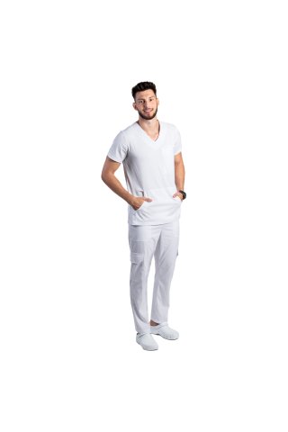 Biały elastyczny kombinezon medyczny dla mężczyzn z bluzą V i spodniami ze sznurkiem i gumką