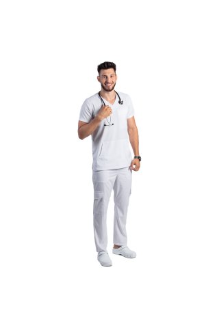Biały elastyczny kombinezon medyczny dla mężczyzn z bluzą V i spodniami ze sznurkiem i gumką