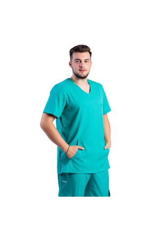 Męski elastyczny kombinezon medyczny w kolorze turkusowo-zielonym z bluzką V i spodniami ze sznurkiem i gumką