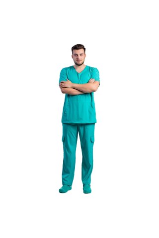 Męski elastyczny kombinezon medyczny w kolorze turkusowo-zielonym z bluzką V i spodniami ze sznurkiem i gumką