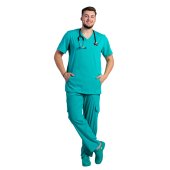 Męski elastyczny kombinezon medyczny w kolorze turkusowo-zielonym z bluzką V i spodniami ze sznurkiem i gumką..