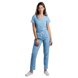 Pudrowy niebieski kombinezon medyczny ze stretchem z bluzką w kształcie litery V i spodniami ze sznurkiem i gumką
