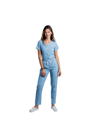 Pudrowy niebieski kombinezon medyczny ze stretchem z bluzką w kształcie litery V i spodniami ze sznurkiem i gumką
