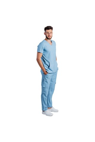 Niebieski elastyczny kombinezon medyczny dla mężczyzn z bluzą V i spodniami ze sznurkiem i gumką