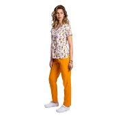 Elastyczny kombinezon medyczny Flintstone z bluzą z nadrukiem i żółtymi spodniami ze sznurkiem i gumką..