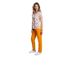 Elastyczny kombinezon medyczny Flintstone z bluzą z nadrukiem i żółtymi spodniami ze sznurkiem i gumką