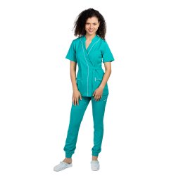Turkusowo-zielony elastyczny kombinezon medyczny, bluzka typu kimono z białą lamówką i spodnie typu jogger