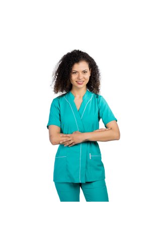 Turkusowo-zielony elastyczny kombinezon medyczny, bluzka typu kimono z białą lamówką i spodnie typu jogger