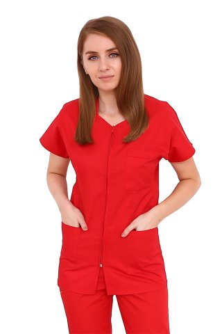 Czerwona suknia medyczna z zamkiem typu camber z dwiema kieszeniami