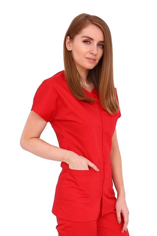 Czerwona suknia medyczna z zamkiem typu camber z dwiema kieszeniami