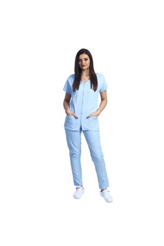 Suknia medyczna w kamuflażu w kolorze niebieskim, z zamkiem błyskawicznym i trzema nakładanymi kieszeniami