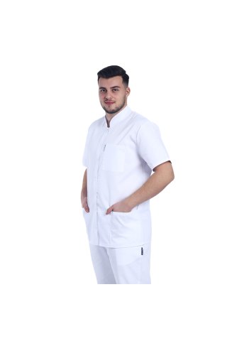 Biała suknia medyczna męska z kołnierzem tuniki i trzema kieszeniami