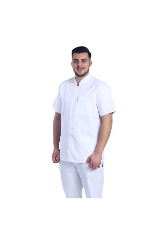 Biała suknia medyczna męska z kołnierzem tuniki i trzema kieszeniami