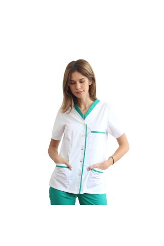 Biała suknia medyczna z zielonym paspolem, zszywkami i trzema nakładanymi kieszeniami