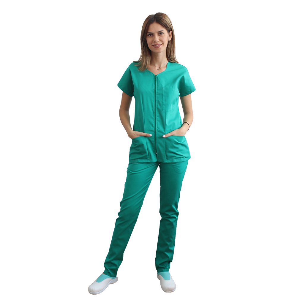 Zielony kombinezon chirurgiczny, wypukła bluzka zapinana na zamek, trzy kieszenie i elastyczne spodnie