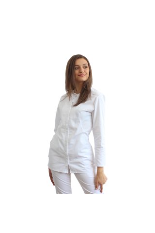 Biała suknia medyczna damska z długimi rękawami, zamkiem błyskawicznym i dwiema nakładanymi kieszeniami