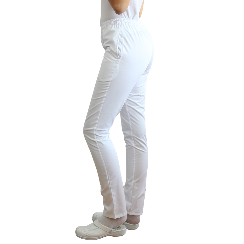 Białe spodnie medyczne z gumką i dwiema bocznymi kieszeniami